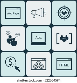 Set Of 9 Marketing Icons. Can Be Used For Web, Mobile, UI And Infographic Design. Includes Elements Such As Internet, Target And More.