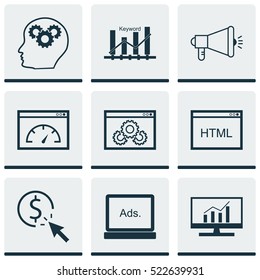 Set Of 9 Marketing Icons. Can Be Used For Web, Mobile, UI And Infographic Design. Includes Elements Such As Advertising, Code, Pay And More.