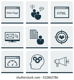 Set Of 9 Marketing Icons. Can Be Used For Web, Mobile, UI And Infographic Design. Includes Elements Such As Plan, HTML, Businessman And More.