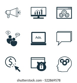 Set Of 9 Marketing Icons. Can Be Used For Web, Mobile, UI And Infographic Design. Includes Elements Such As Performance, Advertising, Creativity And More.