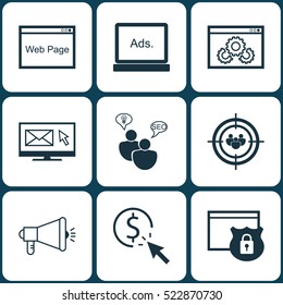 Set Of 9 Marketing Icons. Can Be Used For Web, Mobile, UI And Infographic Design. Includes Elements Such As Target, Performance, Security And More.