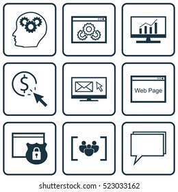 Set Of 9 Marketing Icons. Can Be Used For Web, Mobile, UI And Infographic Design. Includes Elements Such As Target, Comprehensive, Brain And More.
