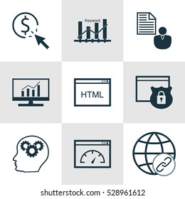 Set Of 9 Marketing Icons. Can Be Used For Web, Mobile, UI And Infographic Design. Includes Elements Such As Report, Market Research, Intellectual Process And More.
