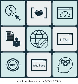 Set Of 9 Marketing Icons. Can Be Used For Web, Mobile, UI And Infographic Design. Includes Elements Such As Intellectual Process, Connectivity, Coding And More.