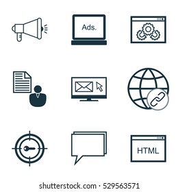 Set Of 9 Marketing Icons. Can Be Used For Web, Mobile, UI And Infographic Design. Includes Elements Such As Conference, Media Campaign, Connectivity And More.