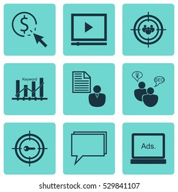 Set Of 9 Marketing Icons. Can Be Used For Web, Mobile, UI And Infographic Design. Includes Elements Such As Search Optimization, Video Player, Keyword Optimisation And More.