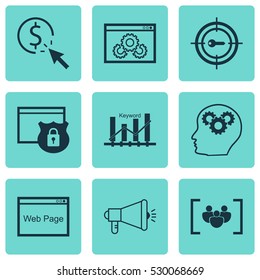 Set Of 9 Marketing Icons. Can Be Used For Web, Mobile, UI And Infographic Design. Includes Elements Such As PPC, Keyword Marketing, Web Page Performance And More.