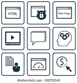 Set Of 9 Marketing Icons. Can Be Used For Web, Mobile, UI And Infographic Design. Includes Elements Such As Report, Intellectual Process, PPC And More.