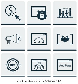 Set Of 9 Marketing Icons. Can Be Used For Web, Mobile, UI And Infographic Design. Includes Elements Such As Web Page Performance, Website, Loading Speed And More.