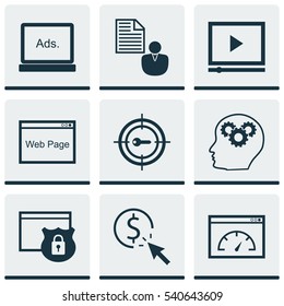 Set Of 9 Marketing Icons. Includes Intellectual Process, Loading Speed, Security And Other Symbols. Beautiful Design Elements.