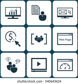 Set Of 9 Marketing Icons. Includes Loading Speed, Video Player, Questionnaire And Other Symbols. Beautiful Design Elements.