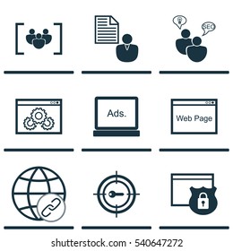 Set Of 9 Marketing Icons. Includes Web Page Performance, Report, Search Optimization And Other Symbols. Beautiful Design Elements.