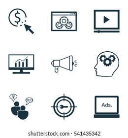 Set Of 9 Marketing Icons. Includes Intellectual Process, Video Player, Media Campaign And Other Symbols. Beautiful Design Elements.