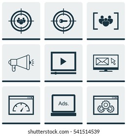 Set Of 9 Marketing Icons. Includes Loading Speed, Digital Media, Video Player And Other Symbols. Beautiful Design Elements.