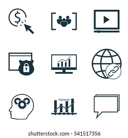 Set Of 9 Marketing Icons. Includes Connectivity, Conference, Security And Other Symbols. Beautiful Design Elements.