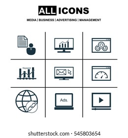 Set Of 9 Marketing Icons. Includes Video Player, Digital Media, Market Research And Other Symbols. Beautiful Design Elements.