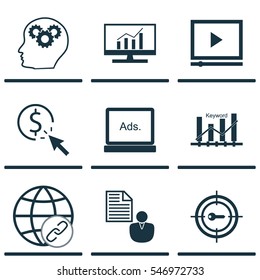 Set Of 9 Marketing Icons. Includes Market Research, Intellectual Process, PPC And Other Symbols. Beautiful Design Elements.