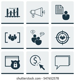 Set Of 9 Marketing Icons. Includes Conference, PPC, Focus Group And Other Symbols. Beautiful Design Elements.