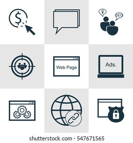 Set Of 9 Marketing Icons. Includes Digital Media, Web Page Performance, Conference And Other Symbols. Beautiful Design Elements.