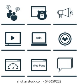 Set Of 9 Marketing Icons. Includes Security, Loading Speed, Digital Media And Other Symbols. Beautiful Design Elements.