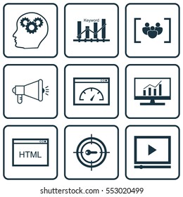 Set Of 9 Marketing Icons. Includes Intellectual Process, Questionnaire, Media Campaign And Other Symbols. Beautiful Design Elements.