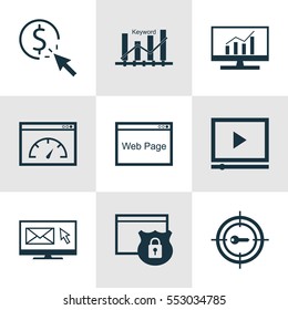 Set Of 9 Marketing Icons. Includes Keyword Optimisation, Market Research, Newsletter And Other Symbols. Beautiful Design Elements.