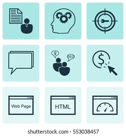 Set Of 9 Marketing Icons. Includes PPC, Search Optimization, Report And Other Symbols. Beautiful Design Elements.