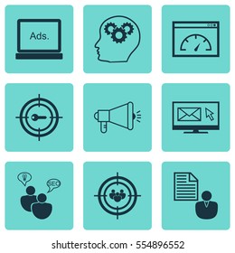 Set Of 9 Marketing Icons. Includes Keyword Marketing, Search Optimization, Digital Media And Other Symbols. Beautiful Design Elements.