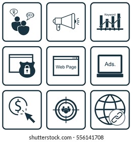 Set Of 9 Marketing Icons. Includes Digital Media, Connectivity, PPC And Other Symbols. Beautiful Design Elements.