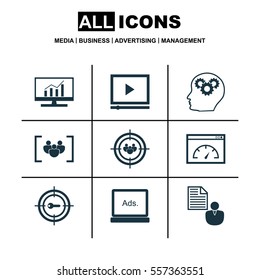 Set Of 9 Marketing Icons. Includes Digital Media, Questionnaire, Video Player And Other Symbols. Beautiful Design Elements.