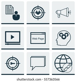 Set Of 9 Marketing Icons. Includes Media Campaign, Conference, Keyword Marketing And Other Marketing Icons Symbols. Beautiful Design Elements.