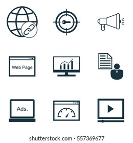 Set Of 9 Marketing Icons. Includes Keyword Marketing, Digital Media, Media Campaign And Other Symbols. Beautiful Design Elements.