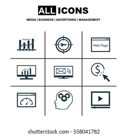 Set Of 9 Marketing Icons. Includes Keyword Marketing, PPC, Market Research And Other Symbols. Beautiful Design Elements.