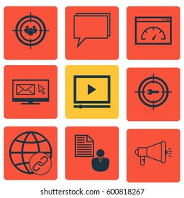 Set Of 9 Marketing Icons. Includes Focus Group, Connectivity, Loading Speed And Other Symbols. Beautiful Design Elements.