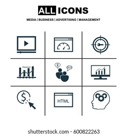 Set Of 9 Marketing Icons. Includes Keyword Optimisation, Intellectual Process, Coding And Other Symbols. Beautiful Design Elements.