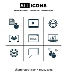 Set Of 9 Marketing Icons. Includes Report, Conference, Video Player And Other Symbols. Beautiful Design Elements.