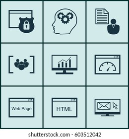 Set Of 9 Marketing Icons. Includes Loading Speed, Website, Security And Other Symbols. Beautiful Design Elements.