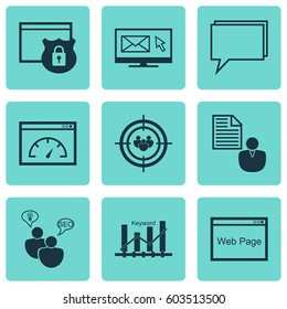 Set Of 9 Marketing Icons. Includes Loading Speed, Report, Search Optimization And Other Symbols. Beautiful Design Elements.
