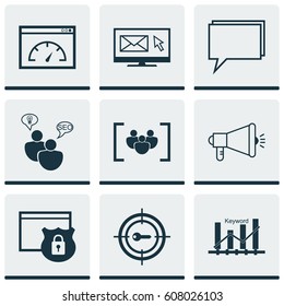 Set Of 9 Marketing Icons. Includes Conference, Security, Search Optimization And Other Symbols. Beautiful Design Elements.