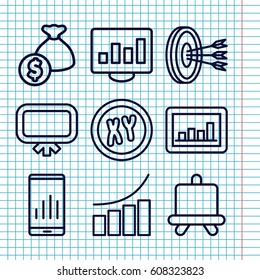 Set of 9 marketing outline icons such as board, graph, arrows in target, XY, graph on display, chart on display