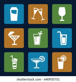 Set of 9 martini filled icons such as drink, cocktail, wine glass