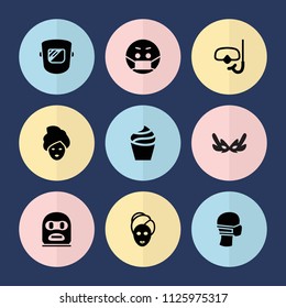 Set of 9 mask filled icons such as cream, spa mask, snorkel