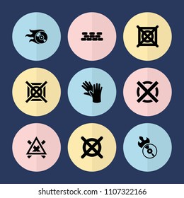 Set of 9 material filled icons such as no dry cleaning, disc flame, brick wall, no bleaching