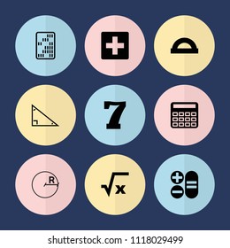 Set of 9 math filled icons such as calculator, plus, protractor, square root, 7 number, abacus, triangle