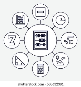 Set of 9 math outline icons such as 7 number, mathematical square, abacus, calculator, minus, square root, triangle