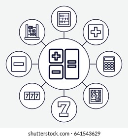 Set of 9 math outline icons such as 7 number, abacus, plus, minus