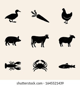 Set of 9 meal choice option icons with a vintage texture. The set includes chicken, beef, pork, lamb, vegetarian, fish, lobster, and crab.