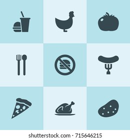 Set of 9 meal filled icons such as chicken, tomato, potato, fork and spoon, sausage, pizza slice, fast food