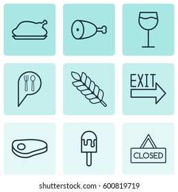Set Of 9 Meal Icons. Includes Fried Poultry, Check In, Closed Placard And Other Symbols. Beautiful Design Elements.