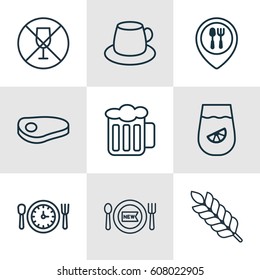 Set Of 9 Meal Icons. Includes Food Mapping, Wheat, Steak And Other Symbols. Beautiful Design Elements.